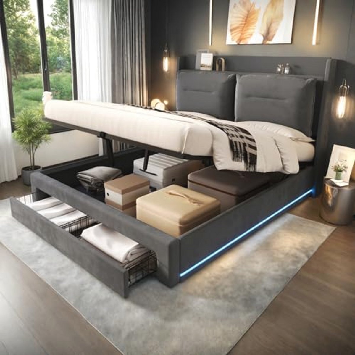 Tweedehands bed 140x200 met LED verlichting en opbergruimte, gestoffeerd met fluweel