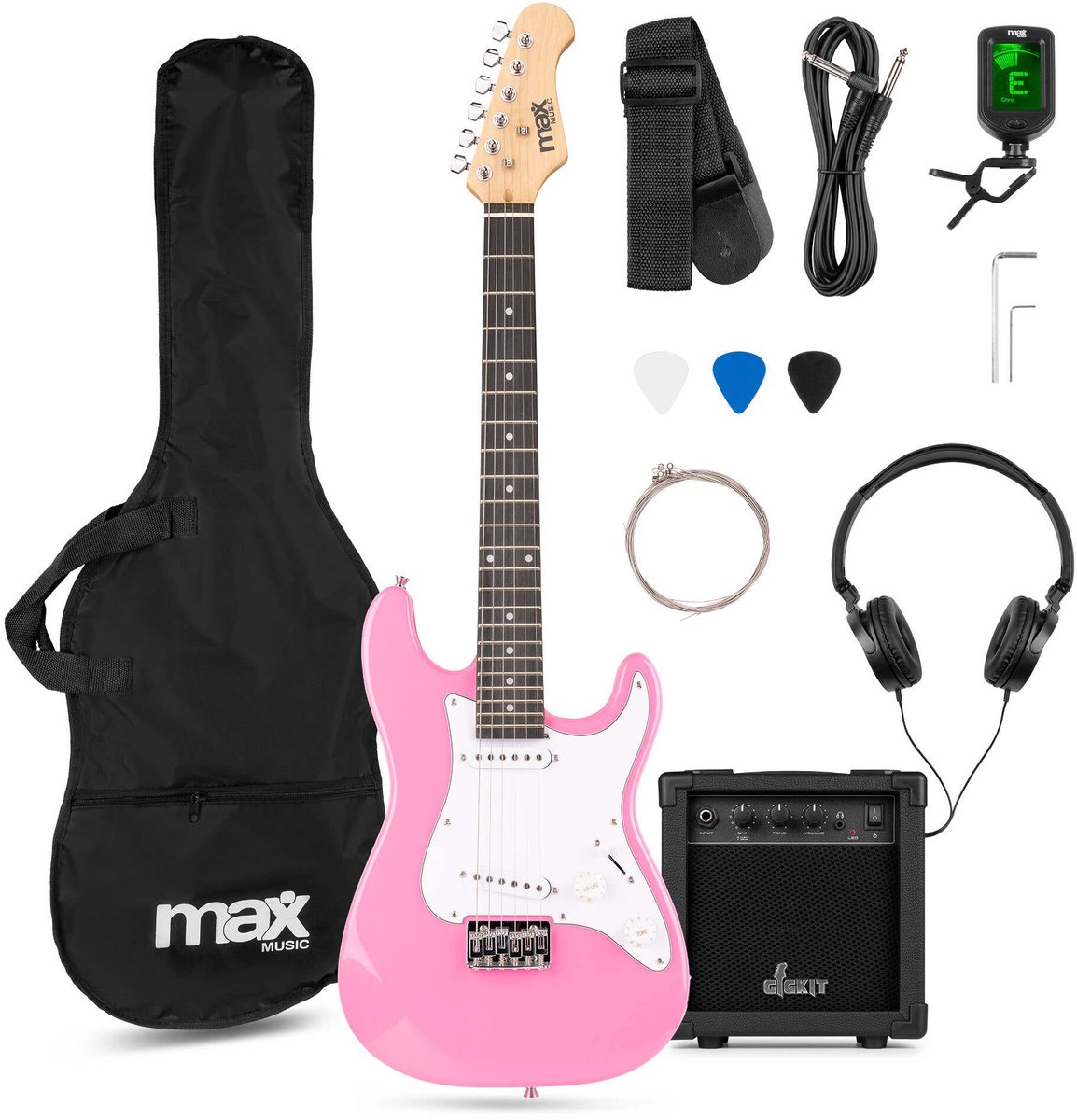 Kinder gitaar - MAX GigKit Junior 3/4 - Elektrische gitaar kind - Compleet met accessoires - Roze