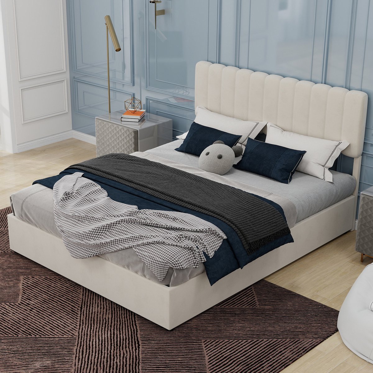 Modern minimalistisch gestoffeerd bed - 160x200 cm - Beige - Multifunctioneel slaapkamermeubilair met zacht en comfortabel hoofdeinde - Hoge opbergbodem met gasveermechanisme - Matras niet inbegrepen.