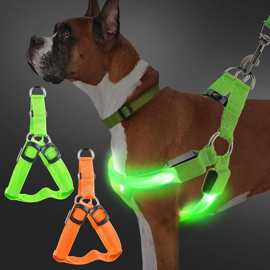 PcEoTllar Light Up Hondenharnas, LED hondenharnas, groen, XS (hals: 27-35 cm/10,6-13,8, Borst: 37-47cm/14,6-18,5), reflecterend, waterdicht, 3 gloeiende modi voor nachtwandelen, kleine honden