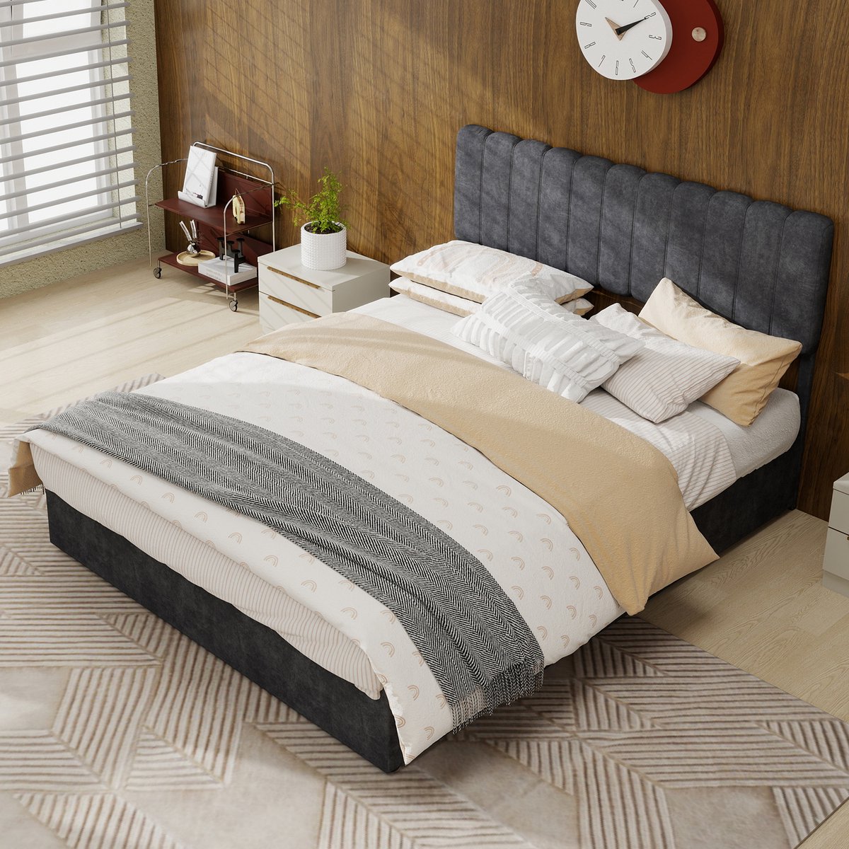 Modern minimalistisch gestoffeerd bed met zacht en comfortabel hoofdeinde - 140x200 cm - Grijs - Multifunctioneel slaapkamermeubilair - Opbergbodem met gasveermechanisme - Matras niet inbegrepen.