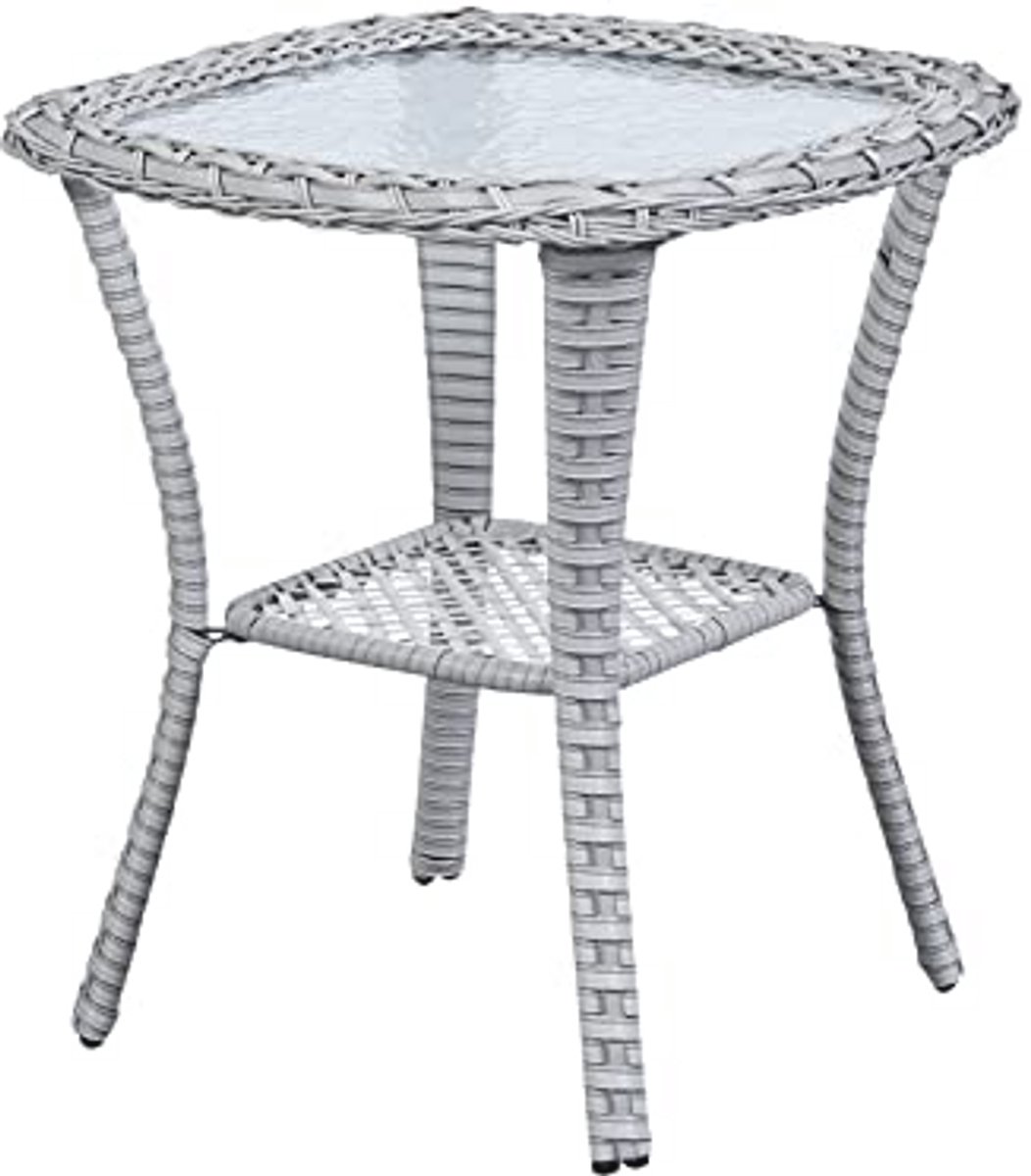 Kleine buiten bijzettafel van gehard glas - waterdichte rotan salontafel met opslag - lichtgrijs 50,8 x 50,8 x 55,9 cm