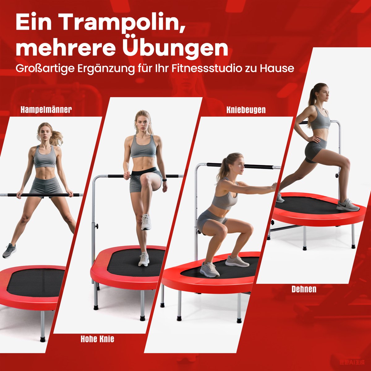 COSTWAY Trampoline voor 2 personen, met in hoogte verstelbare handgreep, mini-trampoline tot 150 kg belastbaar, kindertrampoline inklapbaar, tuintrampoline voor kinderen en volwassenen (rood) — afbeelding 8