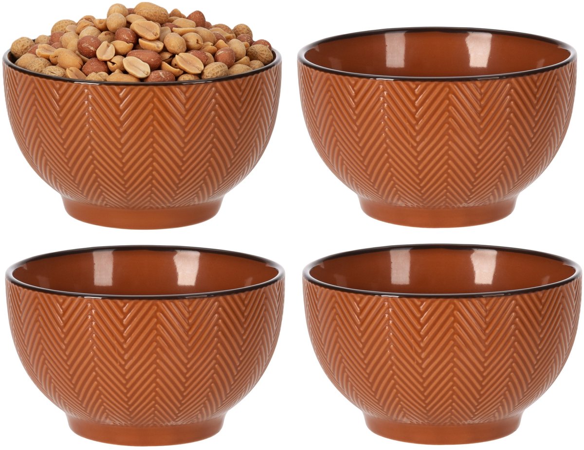 Siaki Serveer/chips schaaltje Fishbone - 4x - terra - 14 x 8 cm - keramiek - kommetjes - 680 ml