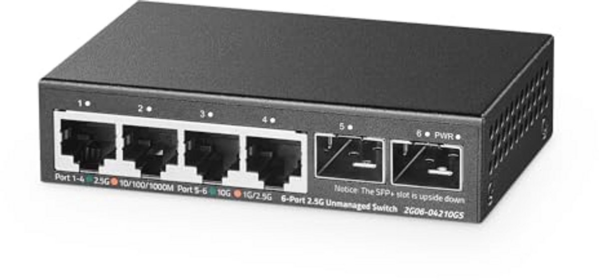 4-poorts 2.5G Netwerkswitch met SFP 2x10G en 4x2.5 Gigabit Ethernet-poorten - Ultraamini Formaat - Vlan Ondersteuning
