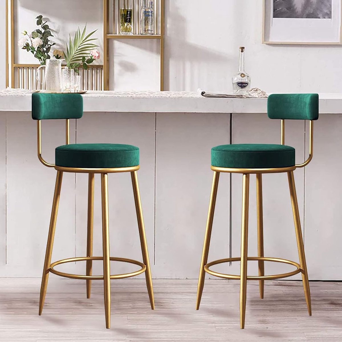 Set van 2 Luxe Fluwelen Barstoelen 65 cm – Padded Bistro Stoelen met Voetensteun voor Keuken, Bar & Pub – Moderne Velvet Counter Stools – Hoog Draagvermogen 130 kg