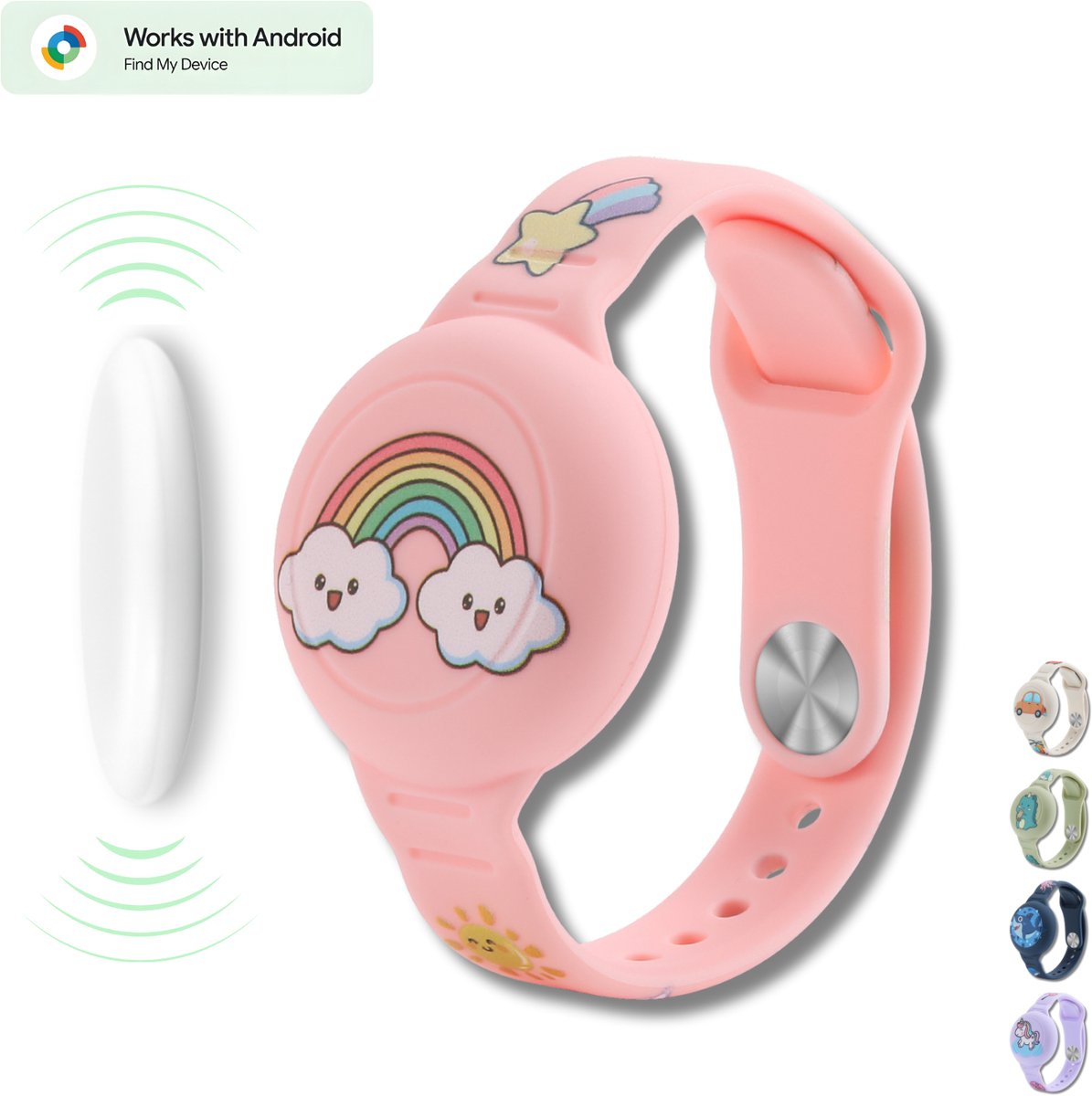 Tracker kind voor Android - Loshall - Compatibel met Android Find My - Armband inclusief tracker voor Android - Bluetooth tracker - Onbeperkte lokalisering - Google Find Hub - Met geluidssignaal - Waterdicht - Regenboog