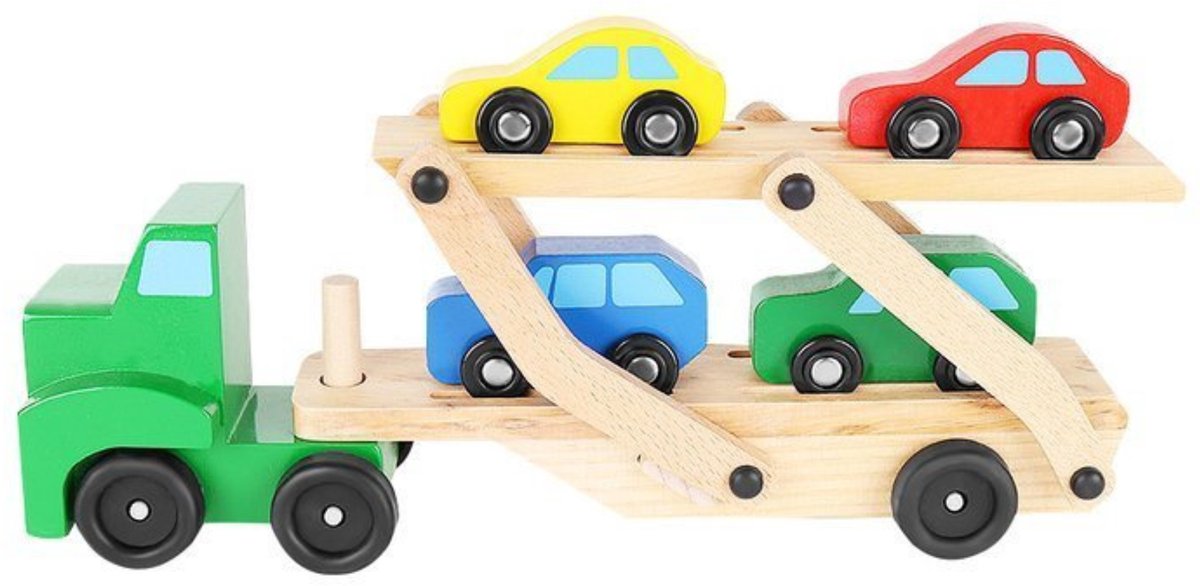 Houten Kinderspeelgoed - Vrachtwagen Auto Transporteur incl. 4 auto's