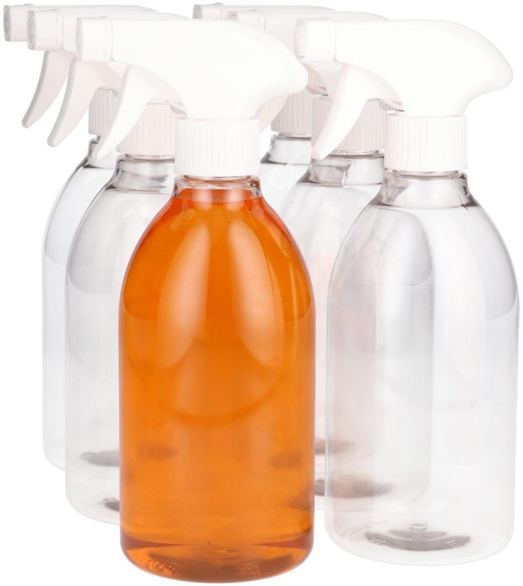 6 x 500 ml Ronde fles 100% gerecycled PET transparant met witte trigger spraypomp- Gerecycled PET - tot 60% minder Co2 uitstoot - 6 stuks