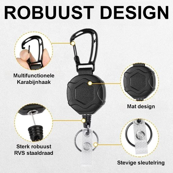 Zwarte oprolbare sleutelhanger met karabijnhaak, mat design en 80 cm staaldraad.