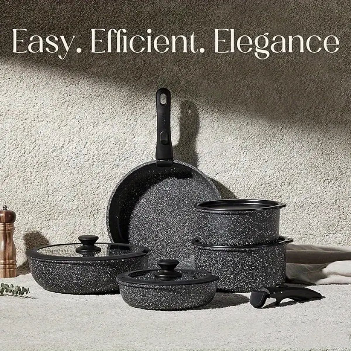 5-Delige Luxe Non-Stick Kookset – Zwart Granietlook met Afneembare Handgreep