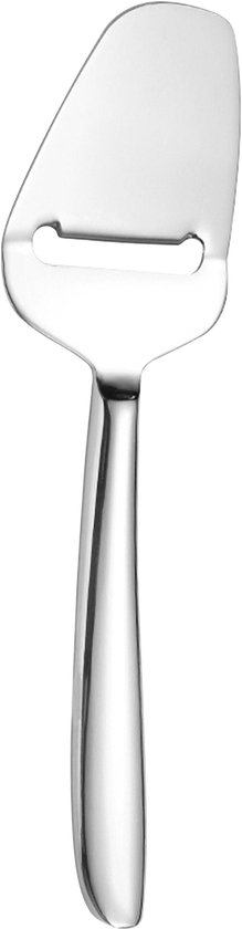Zilveren kaasschaaf met gestroomlijnd, ergonomisch handvat, op een witte achtergrond.