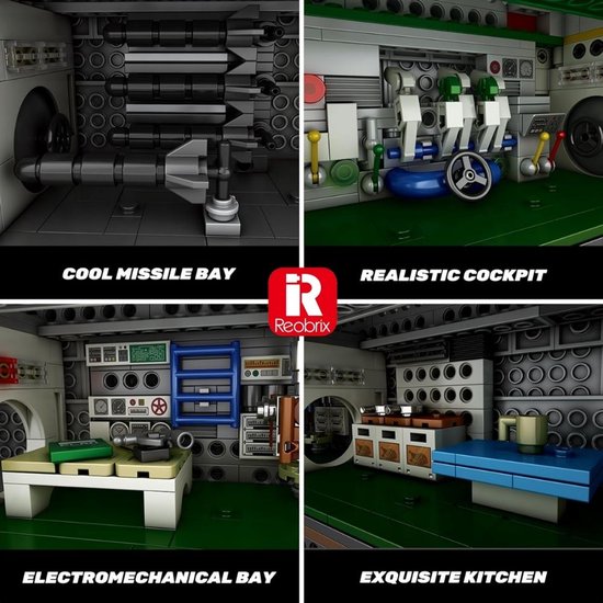 Vier close-ups van een bouwbare onderzeeër: raketruim, cockpit, elektromechanische ruimte en keuken.