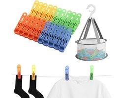 60 Stuks Kledingknijpers met Mand - Kleurrijke Kledingknijpers Zonder Bedrukking - Plastic Kledingzak - Kledingknijpermand voor Linnen - Kleding, Sokken