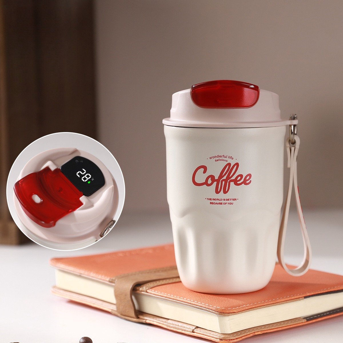 360ml Draagbare Geïsoleerde Koffiemok - Slimme Temperatuurweergave - Reisbeker Voor Koffie - Roestvrijstalen Thermosfles - Dubbelwandige Vacuümbeker - Unisex - Wit
