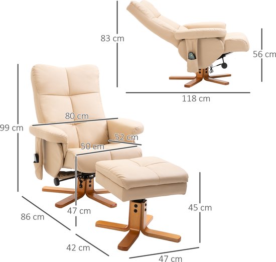 HOMCOM massage relaxfauteuil met voetenbank - PU - 86x80x99cm - Crème van HOMCOM — afbeelding 5