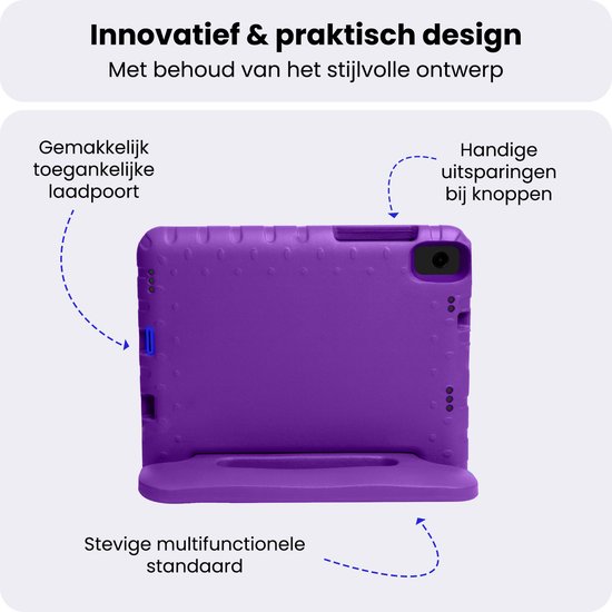 Paarse tablethoes met handige uitsparingen, toegankelijke laadpoort en stevige standaard.
