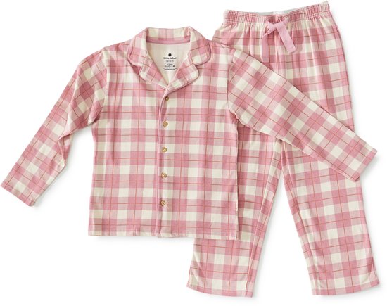 Meisjes pyjama met lange mouwen in roze en witte ruitjes, met strikband.