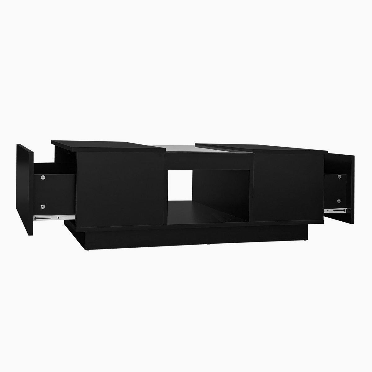 REDOM Zwarte salontafel 100x50x35,5 cm – hoogglans met glas, slimme LED‑verlichting via app, 2 lades en open middenvak
