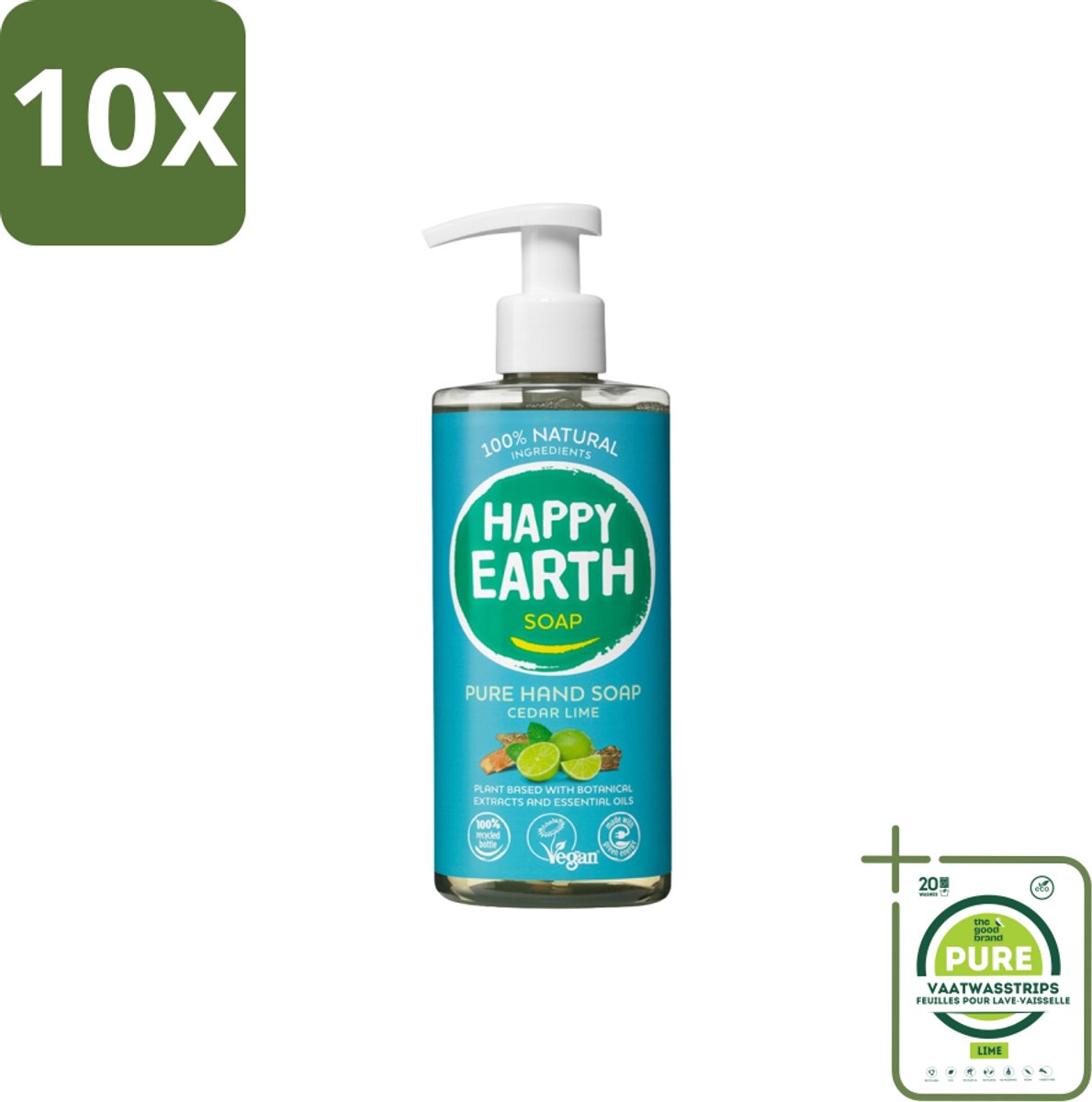 10 x Happy Earth – Handzeep – 100% Natuurlijk Cedar Lime – 300 ml - Grootverpakking - Natuurlijke Handzeep - Vegan Handzeep - Ceder En Limoen - Handzeep Met Essentiële Oliën - Antibacteriële Handzeep