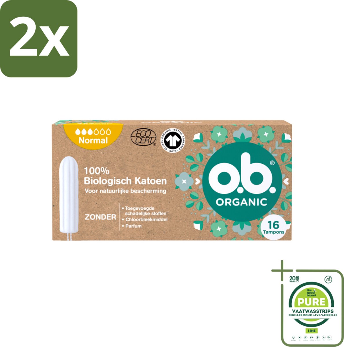 o.b. – Organic Cotton Tampons – Normal – 16 Tampons - Voordeelverpakking - 2 stuks - Organische tampons - Biologische tampons
