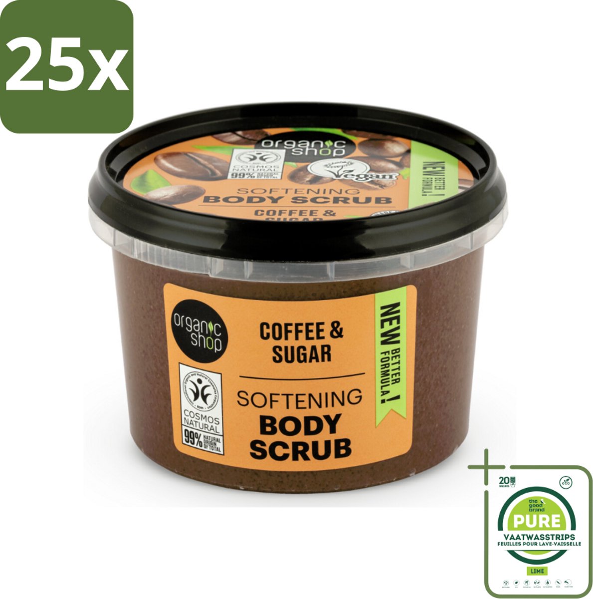 25 x Organic Shop - Organic Coffee & Sugar Body Scrub - Hydraterend en Peeling - 250 ml - Grootverpakking - Organische Bodyscrub - Koffie Scrub - Suiker Scrub - Hydraterende Bodyscrub - Exfoliërende Bodyscrub