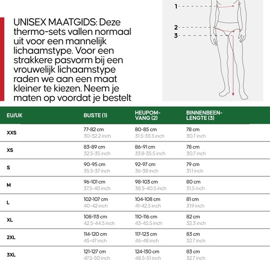 Maattabel voor unisex thermokleding met vermelding van borstomvang, heupomvang en binnenbeenlengte in EU/UK maten.