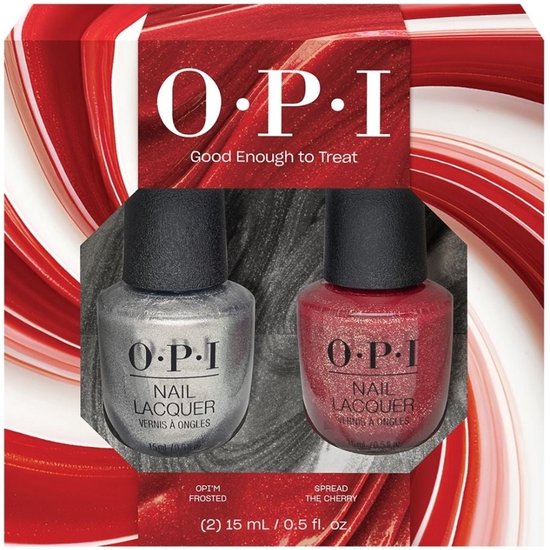 OPI duo nagellak set met de kleuren Opti-m Frosted (zilver) en Spread the Cherry (rood), verpakt in een feestelijke rode en witte doos.