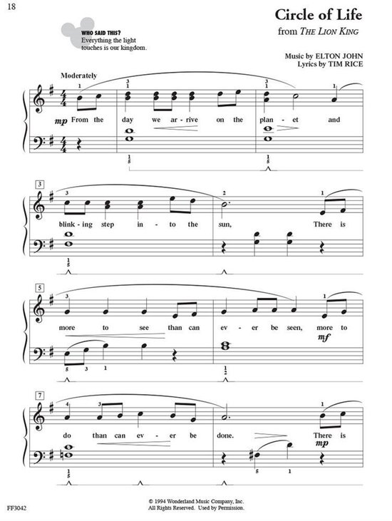Muziekblad met "Circle of Life" uit The Lion King. De muziek is genoteerd voor piano.
