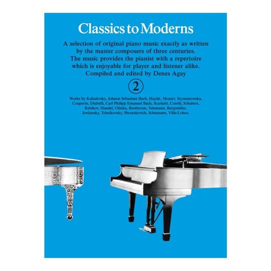 Livre "Classics to Moderns", volume 2, avec une sélection de musique originale pour piano de compositeurs de trois siècles. Comprend des images en noir et blanc de deux pianos.