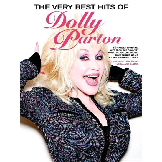 Dolly Parton met blond haar, lachend, met een kleurrijk geborduurd jasje.