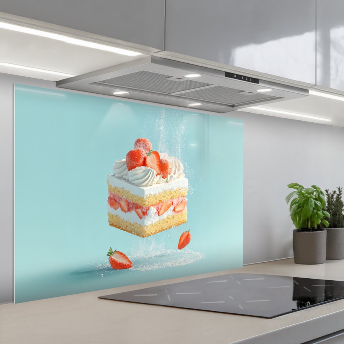 Spatscherm 90x60 cm - Zelfklevende achterwand Slagroom - Taart - Blauw - Eten - Keuken muurbeschermer - Spatwand fornuis