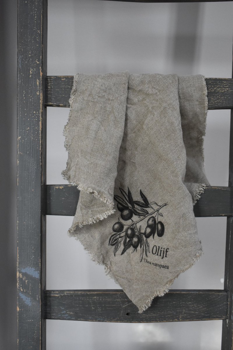 Shabby doek 45x45 cm 100% linnen Olijf - Shabby doek met opdruk Olijf - Landelijke decoratie doek - Sober stoer.