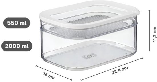 Transparante koelbox met witte deksel, met aanduidingen voor 550 ml, 2000 ml en afmetingen.
