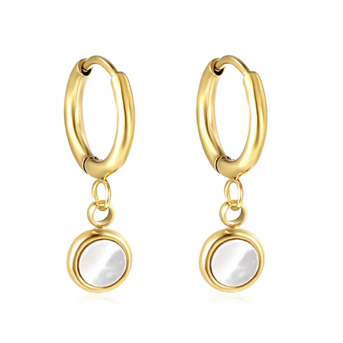 Planet Pink - Hoop oorbellen parelmoer bedeltje rond goud - Stainless Steel - Roestvrij Staal rvs - Waterproof
