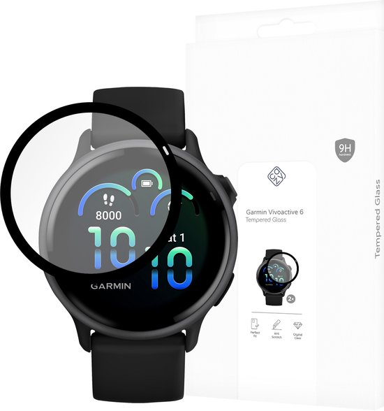Garmin Vivoactive 6 smartwatch met een Cazy screenprotector, met de verpakking ernaast.