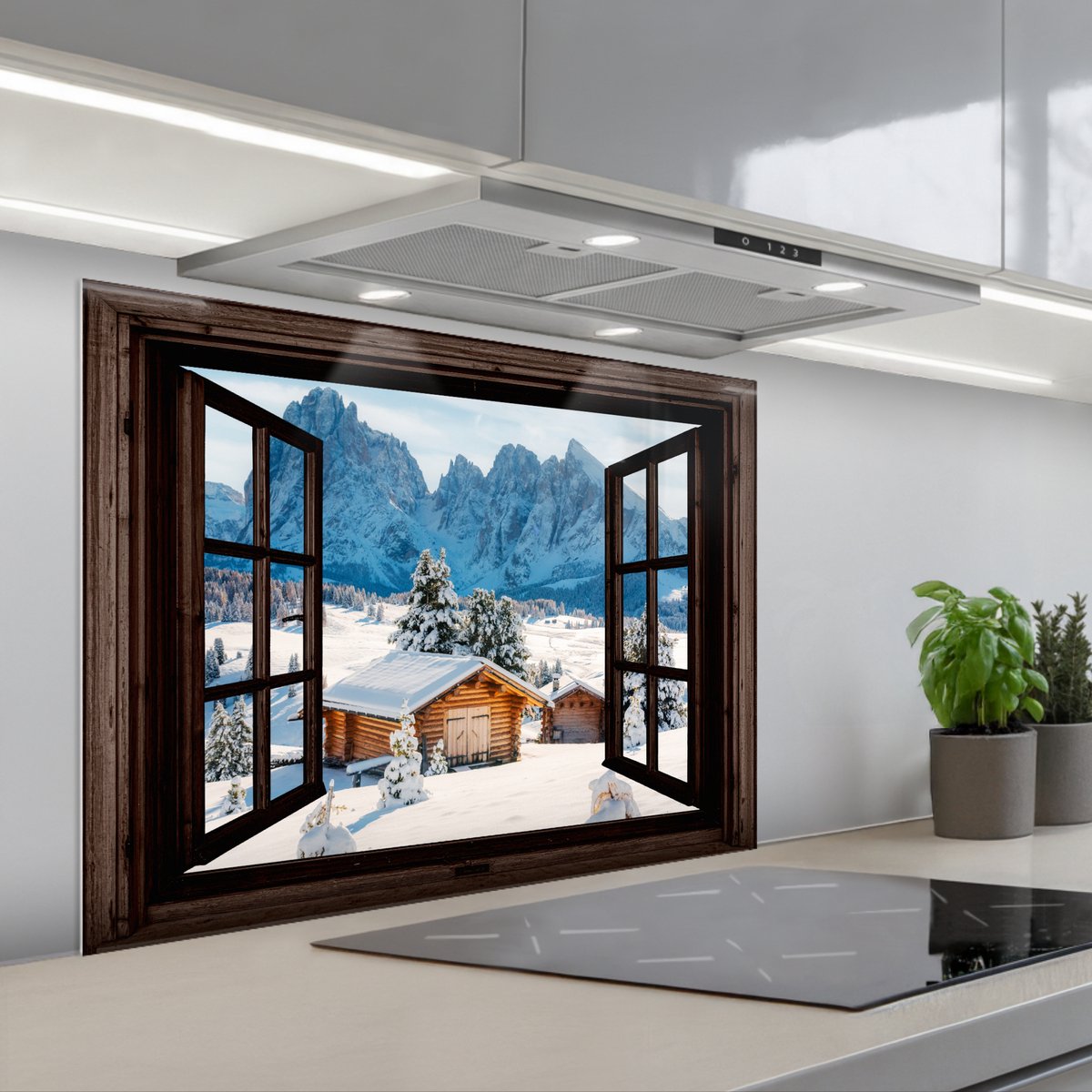 KitchenYeah Spatscherm 80x60 cm Zelfklevende achterwand Doorkijk Winter Landschap Huisje Bergen Keuken muurbeschermer Spatwand fornuis