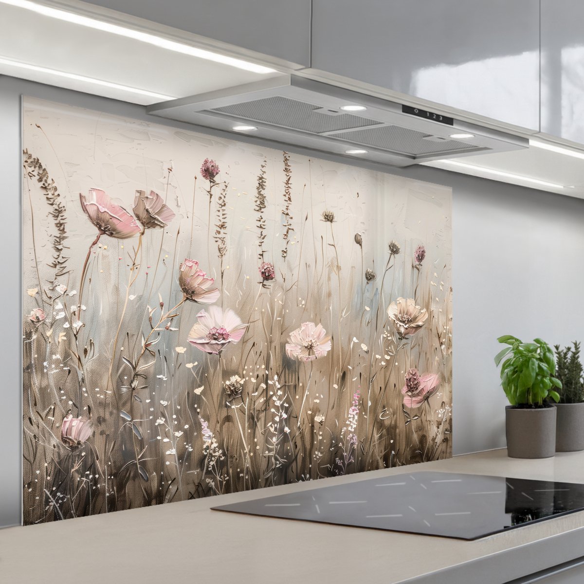 KitchenYeah Spatscherm 120x80 cm Zelfklevende achterwand Bloemen Roze Modern Beige Keuken muurbeschermer Spatwand fornuis