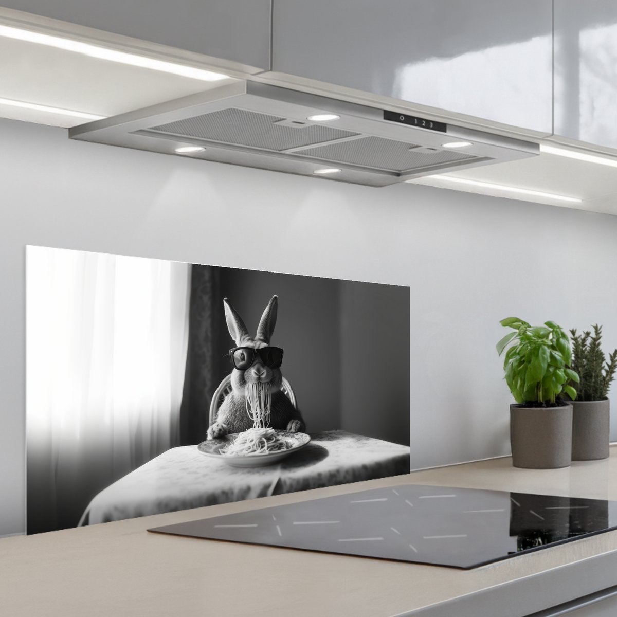 KitchenYeah Spatscherm 80x40 cm Zelfklevende achterwand Konijn Bunny Zonnebril Tafelkleed Pasta Schattig Keuken muurbeschermer Spatwand fornuis