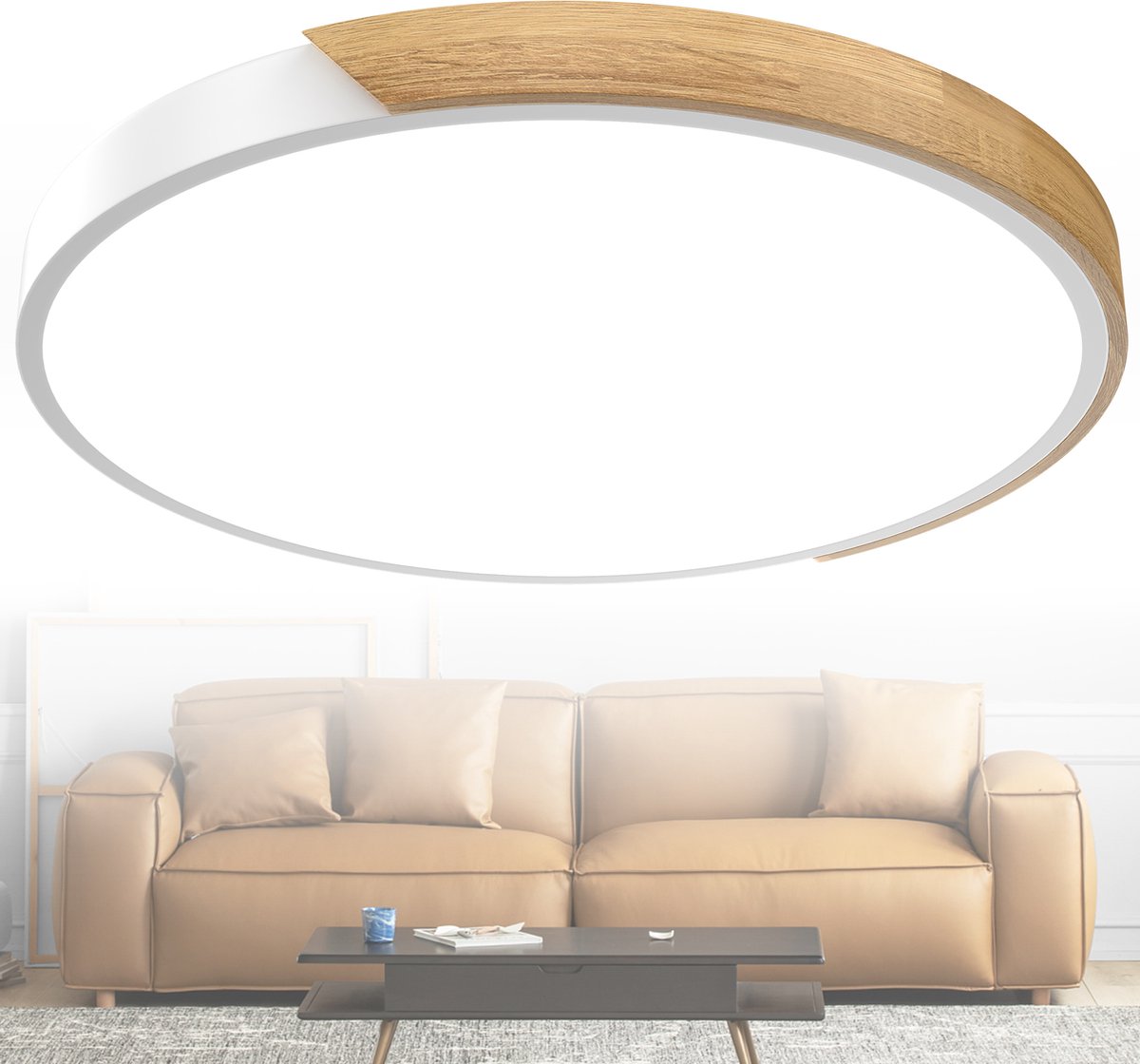Plafondlamp hout LED-plafondlamp hout Moderne plafondlampen Ronde lampen Platte lampen Woonkamerlamp Slaapkamerlamp Lamp hout voor hal Keuken Lounge Balkon - Wit frame - 96W Koud wit