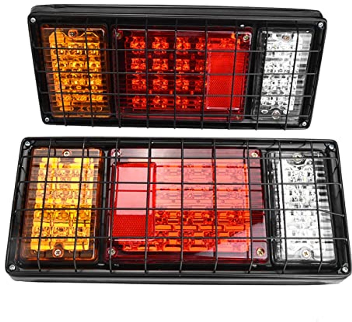 2 stuks LED vrachtwagen aanhangwagen achterlichten bar kit 40 LED waterdichte achter richtingaanwijzer remlicht running achteruitrijlicht met ijzeren net bescherming 5 draden 10V-30V voor vrachtwagen boot aanhangwagen U