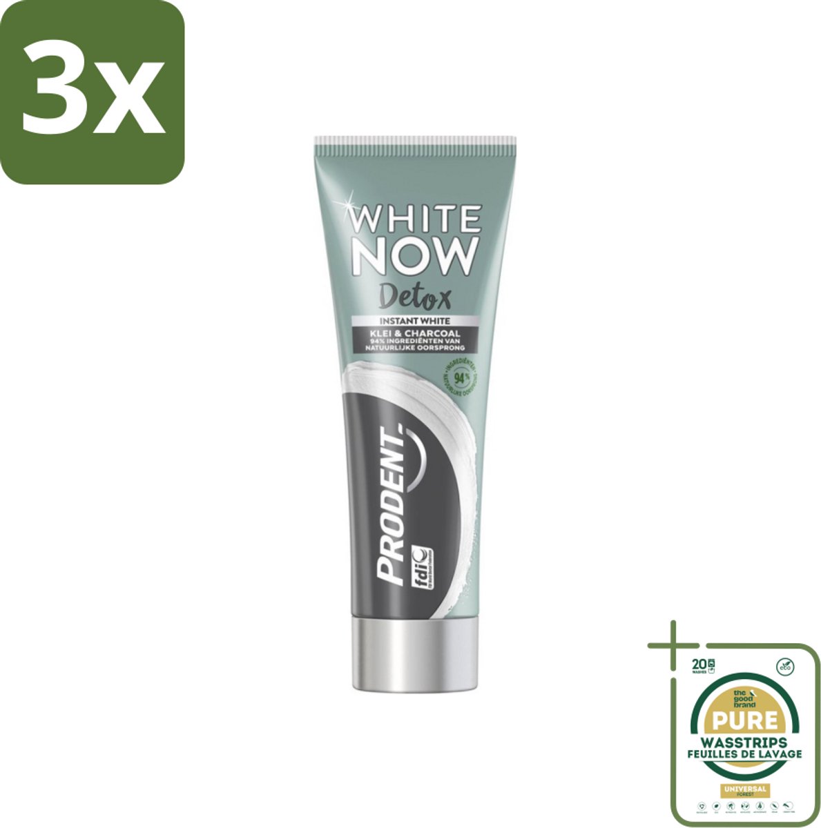 3 x Prodent - White Now - Tandpasta - Natuurlijke Ingrediënten - Klei En Houtskool - 75 ml - Grootverpakking - Tandpasta - Wittere Tanden - Klei - Houtskool - Detox