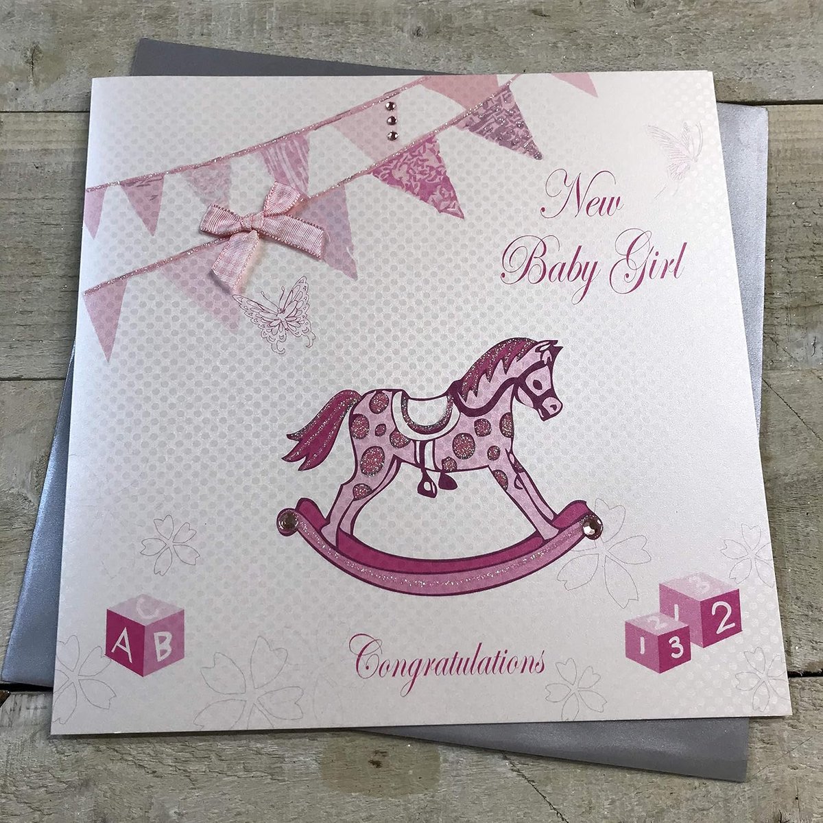 Grote Handgemaakte Wenskaart Meisje Gefeliciteerd - Roze Schommelpaard & Bunting