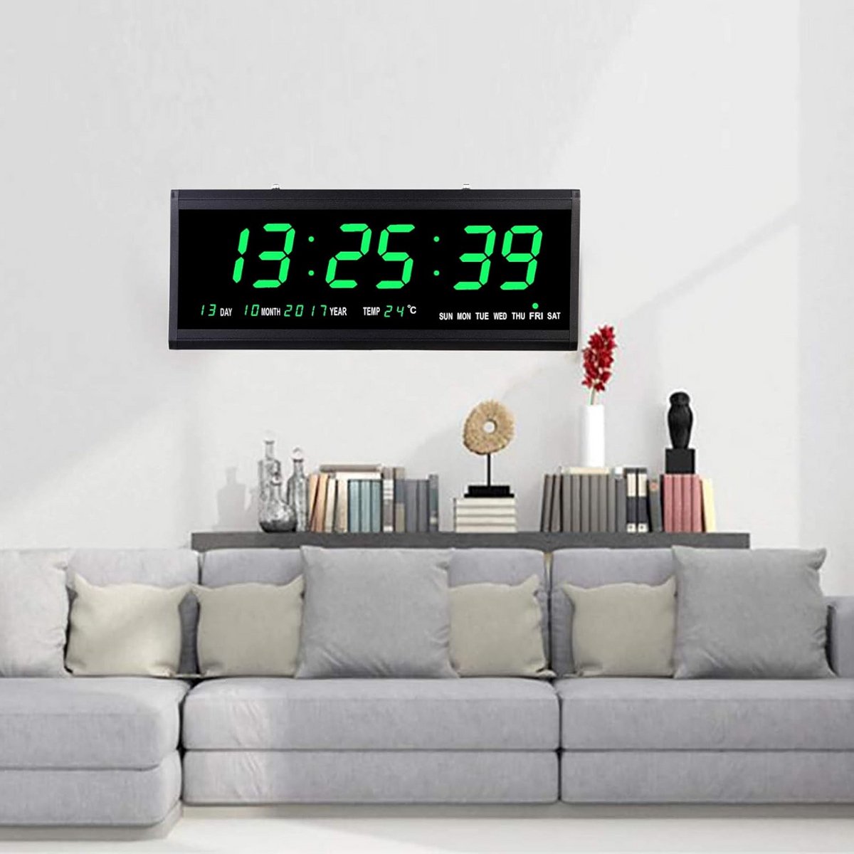 Grote Digitale Wandklok met Datum en Temperatuur - LED Display Zwart