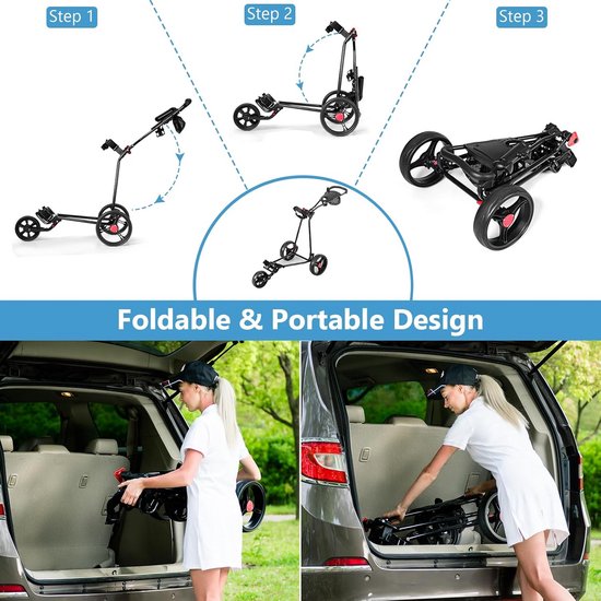 Inklapbare Golf Trolley met 3 Wielen, Verstelbaar Handvat en Rem van Merkloos — afbeelding 3