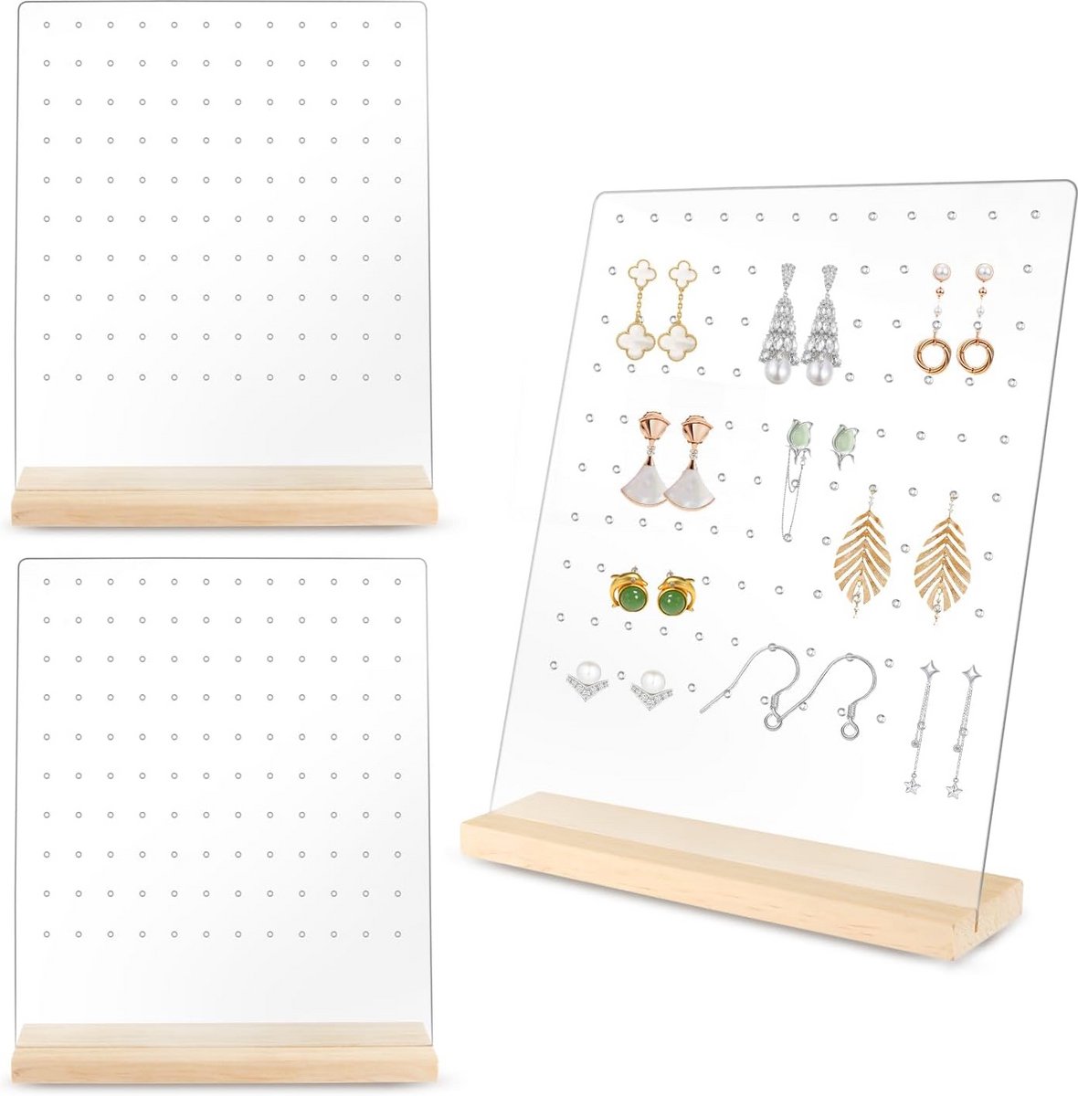 3 Stuks Transparante Acryl Oorbelhouders met Houten Basis - Sieraden Displaystandaard voor Oorstekers