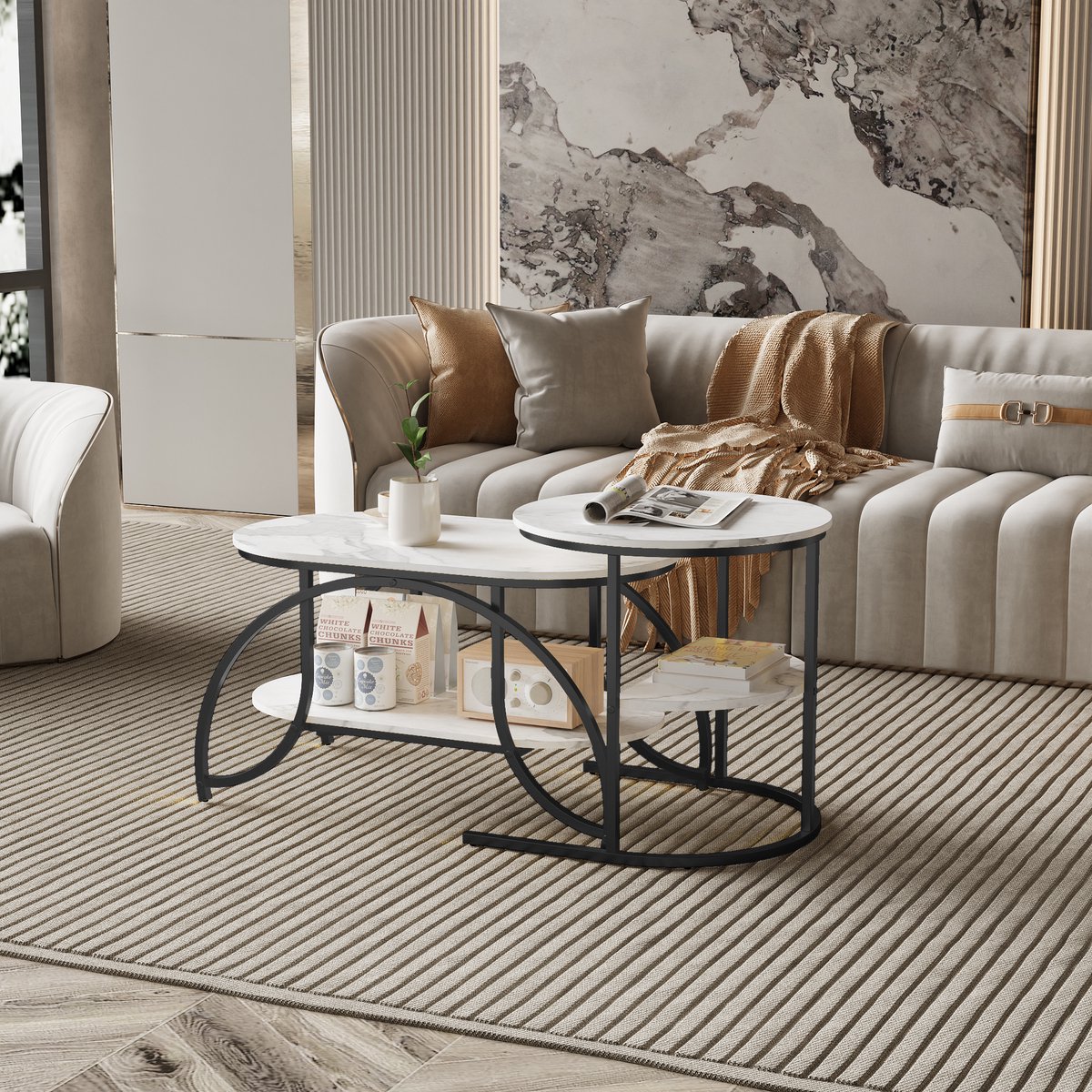Nesttafels Set van 2 – Ovale en Ronde Salontafel & Bijzettafel – Design Metalen Frame – Marmerlook Tafelblad – Met Opbergruimte