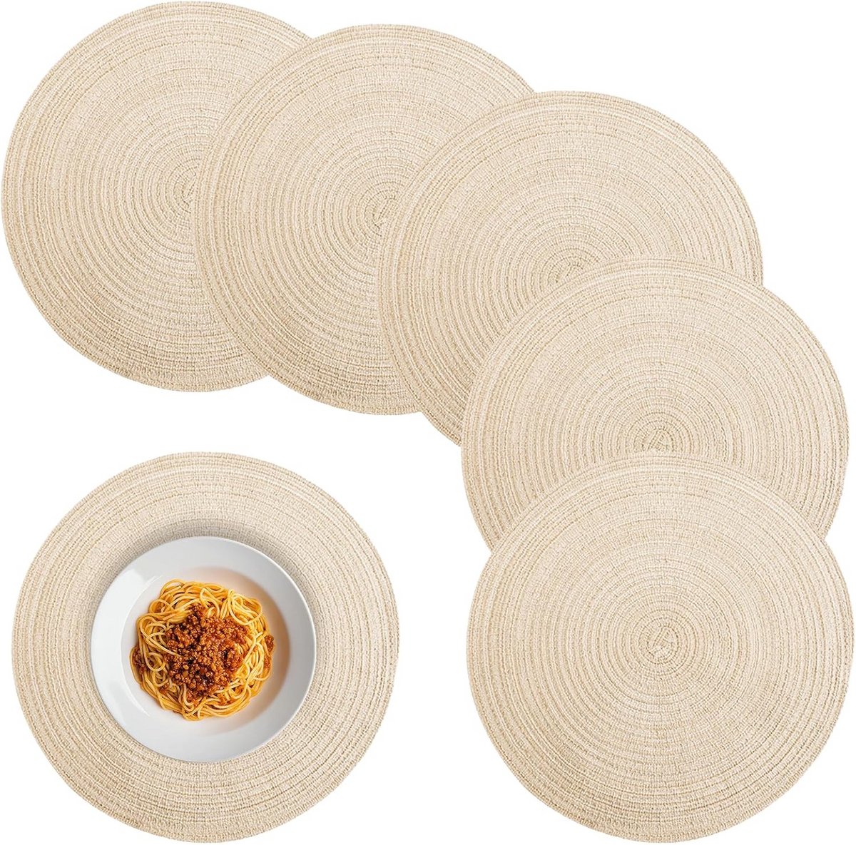 Set van 6 Ronde Gevlochten Placemats - Afwasbaar en Hittebestendig - Boho Decor