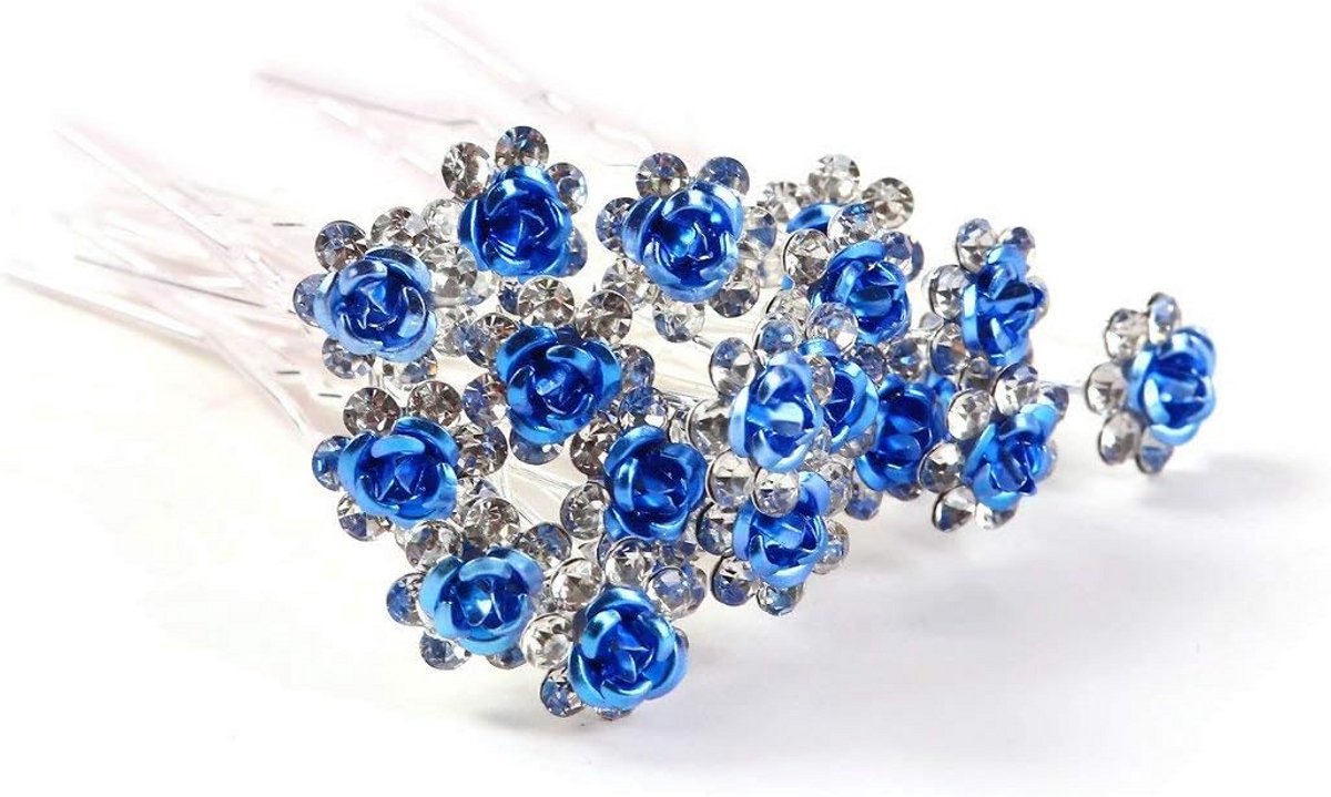 40 Stuks Blauwe Bloem Haarspelden met Kristal en Strass voor Bruiloft en Feesten