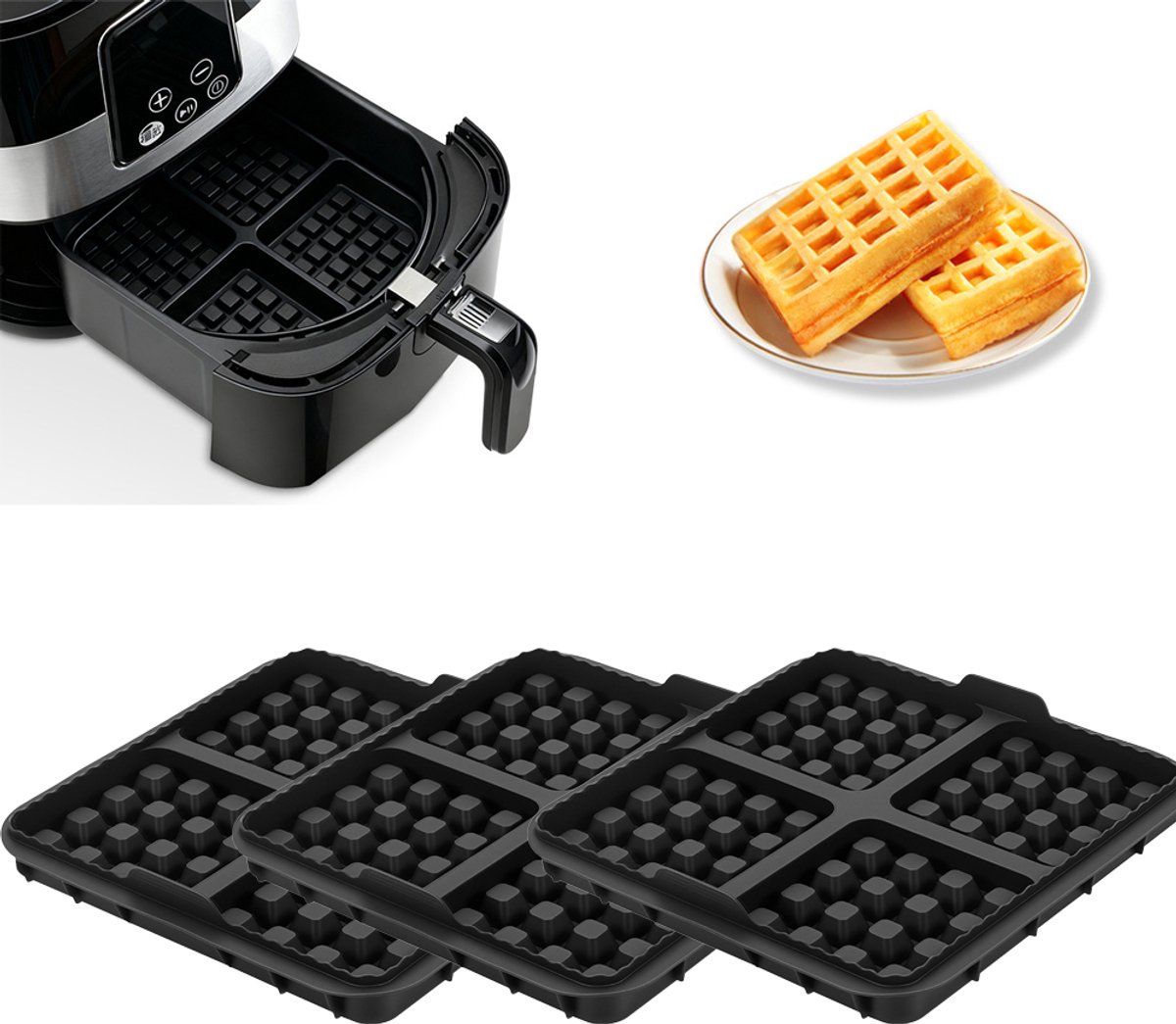 3 stuks wafelinzetstukken - geschikt voor Philips Airfryer 2000 Series NA229/00 - 24*18*4cm - zwart